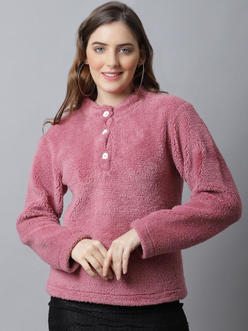 Onion Pink solid tailored jacket with button detail, has a stand collar, three-quarter sleeves, straight hemline, with lining