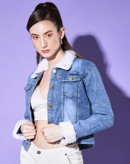 BuyNewTrend Blue Fur Collar Women Denim Jacket