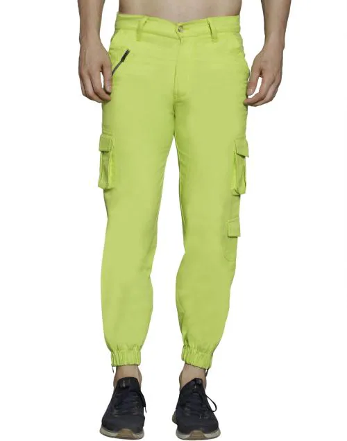 Meoby Men Light Green Solid Cotton Cargos