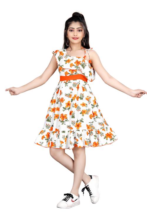 Delightful Detail: Transform Your Little Girls Outfit with A Floral Printed One-Shoulder Girls Frock ( Orange )