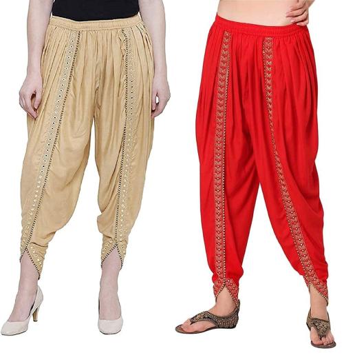 SriSaras Women Skin and Red Embroidered Rayon Dhoti Pants - Free Size (pack of 2)