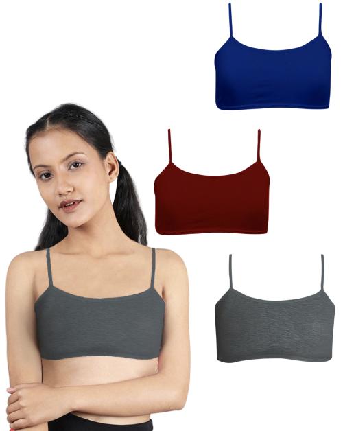 Dchica Girls Thin Strap Single Layered Starter Bra | Pack of 4 Grey, Royal Blue & Maroon Bra
