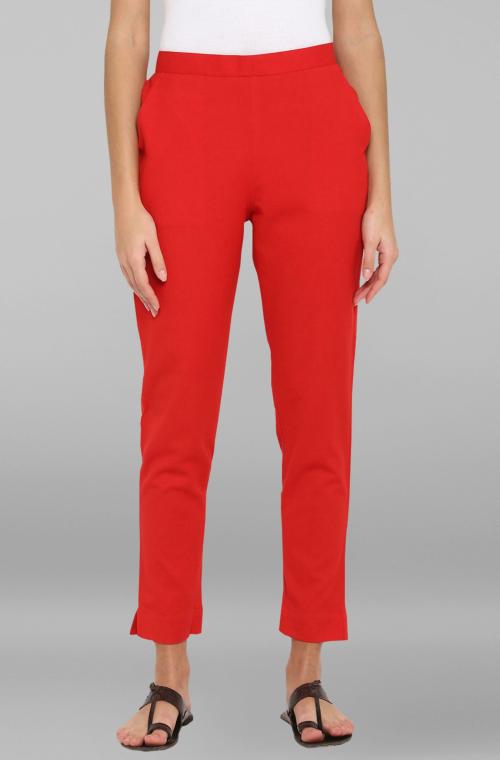 Janasya Women's Red Pure Cotton Narrow Pant