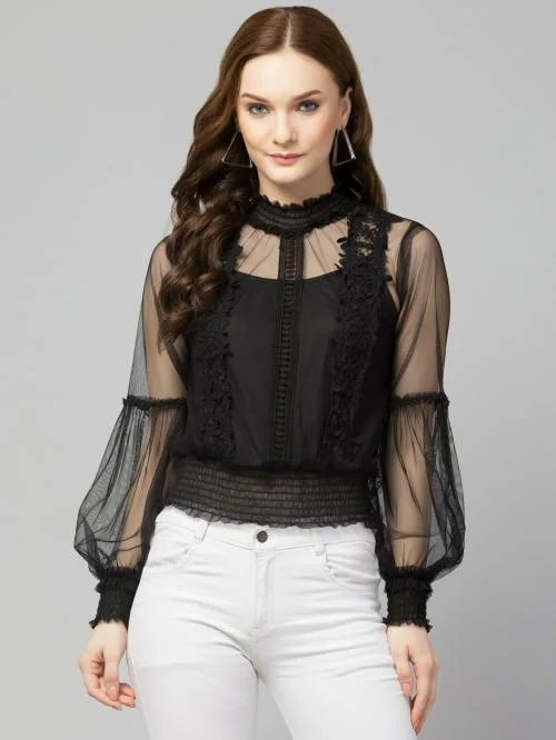 Bitsy Owl Women Black Solid Net Blouson Top|TOPS|WOMEN TOPS|GIRLS TOP|WESTERN WEAR|WOMEN
