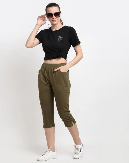Buy BRINNS Women Olive Solid Green Capris Online at Best Prices in