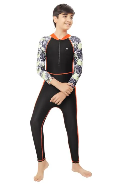 BOSKY SWIMWEAR Boy's Skinfit Spandex Multipurpose Wear for Swimming, Diving, Cycling - Full Sleeves Imported Lycra, 4-Way Stretch, Utility Style, Unisex Black Swim Suit (8-10 yrs)