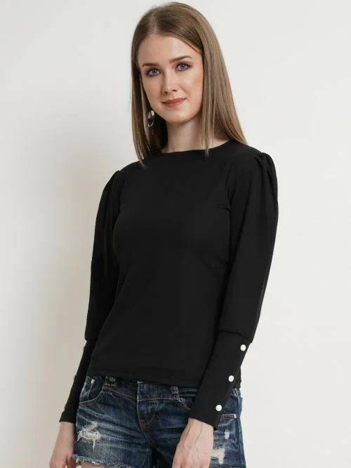 Popwings Women Casual 6 Button Puff Long Sleeves Women Black Latest Trendy Tops | Full Sleeve Tops | Round Neck Tops | Regular Tops | Casual Tops | Western Wear Tops