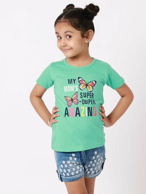 Little Zing Girls Green Pure Cotton Typography T Shirt | Girls tshirt | Kids Tshirt | Kids Wear | Tshirt for Girls | Baby Clothes | T shirt for Girls | Girl T-shirt