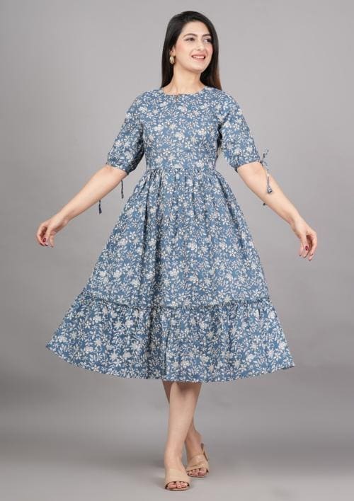 Clothi Fab Women Cotton Printed Blue Anarkali Gown Dress