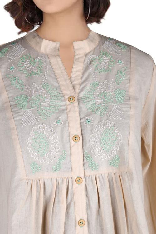 VAMORRIS |GREY MANDERIAN COLLAR WITH YOLK EMBROIDERY COTTON PEPLUM SHIRT MANDERIAN COLLAR WITH YOLK EMBROIDERY