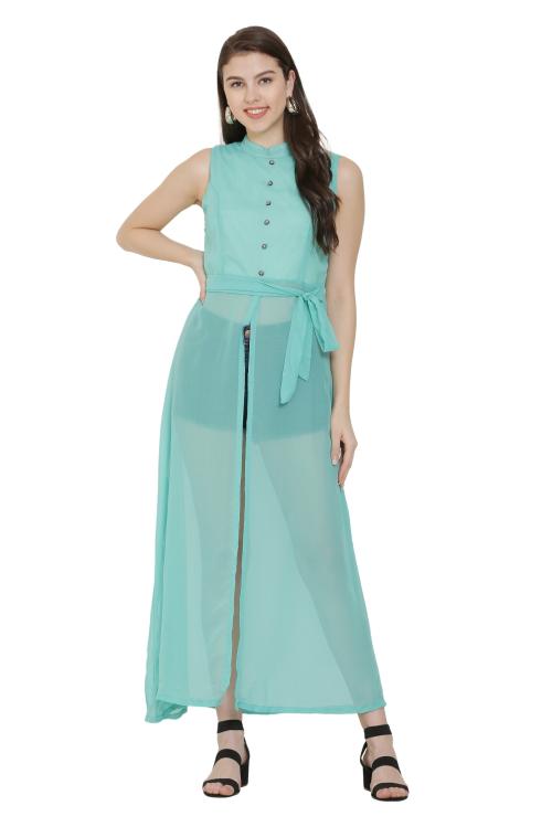 Micro Mount Georgette Cyan Blue Fit And Flare Maxi Dress
