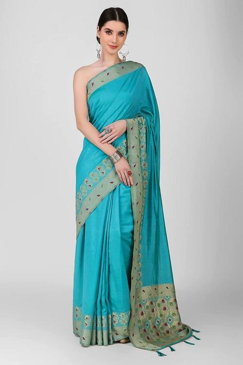Dungrani Light Blue Silk Women Saree With Blouse Pic