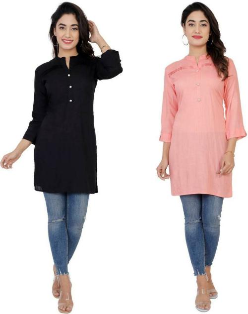 M Lala Fashion Women Black and Pink Solid Solid Viscose Rayon Straight Kurta - M (Pack of 2)