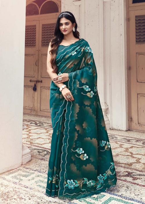 Nupur Collection Women Teal Floral Hand Printed Organza Saree with Cutwork Embellish Border
