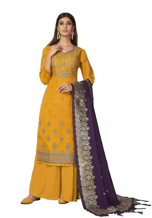 VUBA Women Yellow Embroidered Dola Silk Semi Stitched Top with Unstitched Shantoon Bottom and Jacquard Dupatta Kurta Palazzo Set