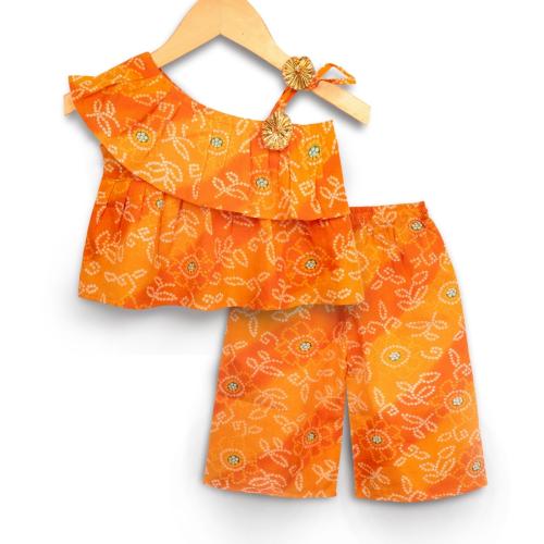 mustmom Indi Baby Girls Off Shoulder Designer Kurti and Legging Set Cotton Yellow