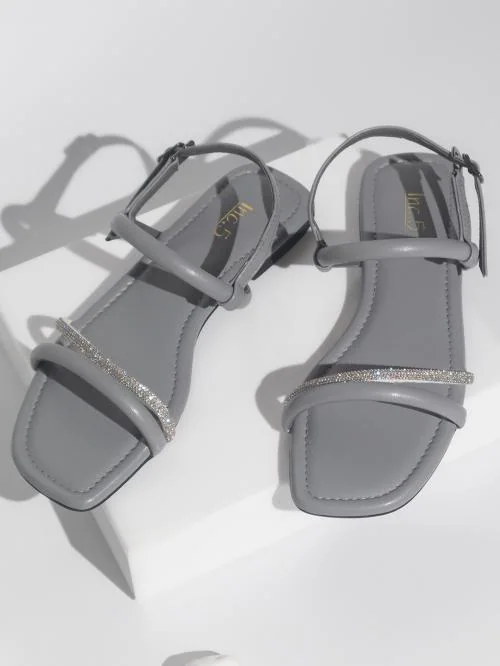 Inc.5 Women Grey And Silver Toned Embellished Open Toe Flats