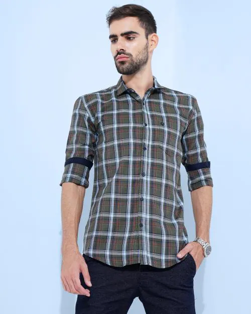 CAMISA Men's Cotton Blend Checks Shirt