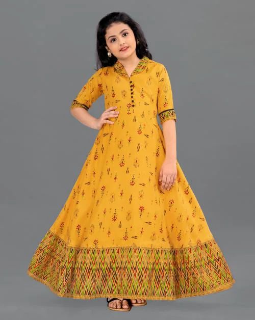 Fashion Dream Girls Yellow Printed Crepe Silk Pack Of 1 Dress | Dresses | Kids Wear | Girls Dress | Kids Dress | Dress | Dresses For Girls | Maxi Dress | Kids Girls Dress