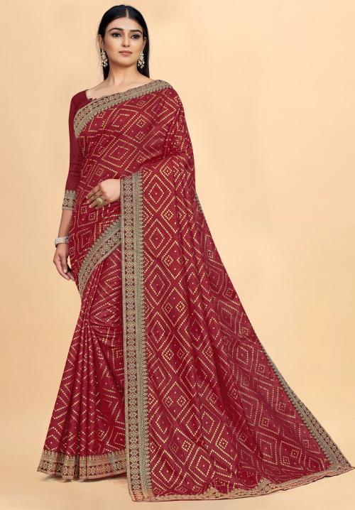 Printed Bandhani Pure Silk Saree with Unstitched Blouse Pcs (Maroon)