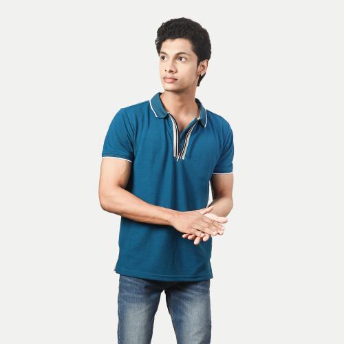 Rad Prix Men Teal Blue Cotton Contrast Tipping Zipper Polo T-shirt