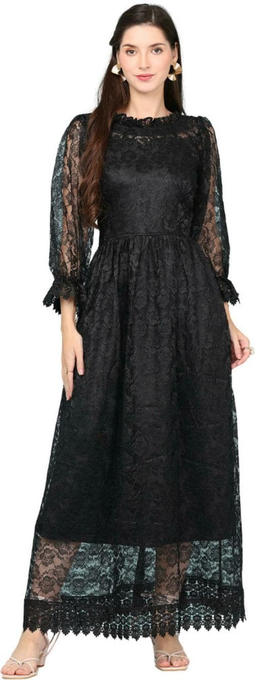 HSM HIGH Impero Women Black Embroidered Net Full Length Straight Gown