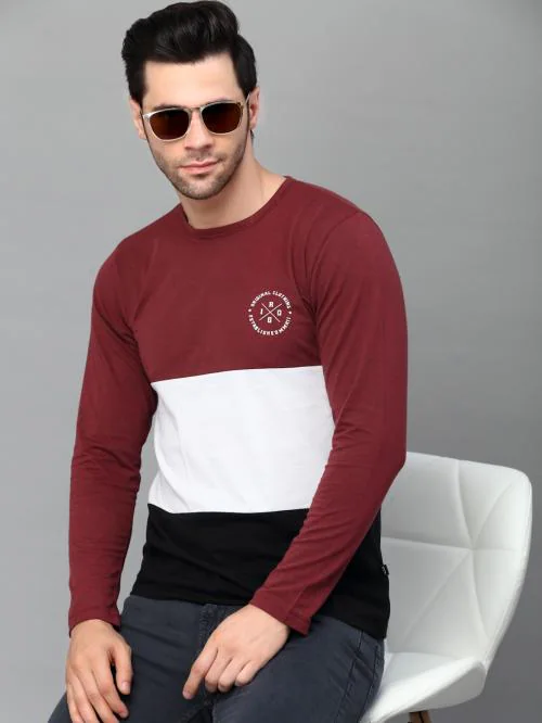 Rigo Men Maroon Black Color Block Round Neck Full Sleeve T-Shirt