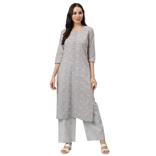 Idalia Sage Blue Printed Kurta With White Printed Palazzo Pants