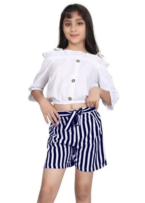 LUXOYA Girls Designer Crop Top and Shorts Set (White Blue) 15-16 year