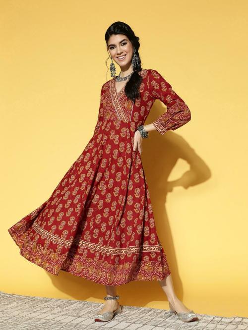 Yufta Maroon Cotton Ethnic Motifs Print Anarkali Style Maxi Dress