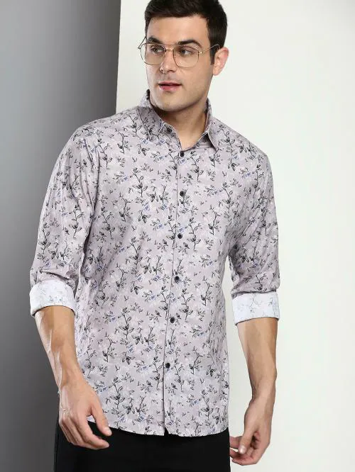 Dennis Lingo Men's Slim Fit Satin Printed Full Sleeves Casual Shirt (Grey)
