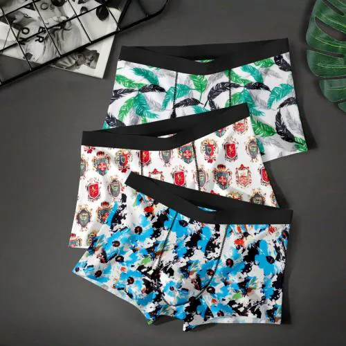 Rainsoul Men's Ice Silk Underwear - Cool, Comfortable, and Stylish Boxer Briefs | 3D Printed Multicolor Men's Under Garments Soft Innerwear Panty Comfortable Underwear Silk Multidesign (PACK OF 3) - M
