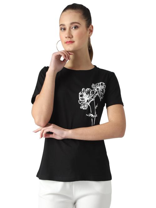 Popster Black Solid Cotton Round Neck Regular Fit Half Sleeve Womens T-shirt l women tshirt l tshirt for women