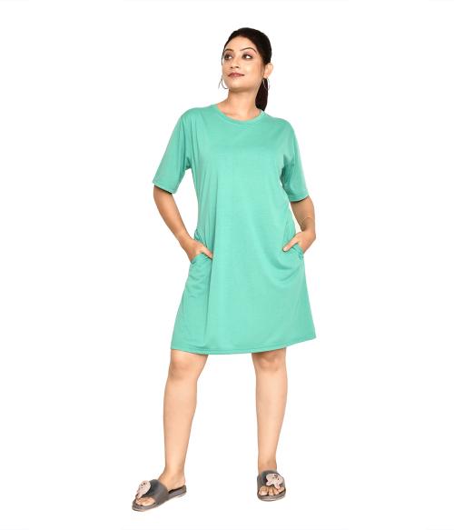 Roy's Casual Round Neck Cotton Top for Women| Knee Length Solid Pattern T-shirt Dress with Short Sleeves I Perfect Summer-Friendly Dress (Color - Green, Size - S to XXL)