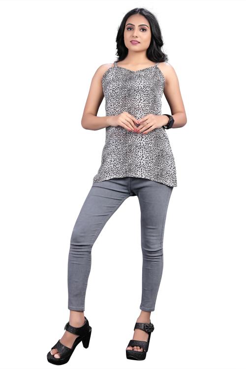 Women Animal Print Spaghetti Neck Pure Silk Top-White