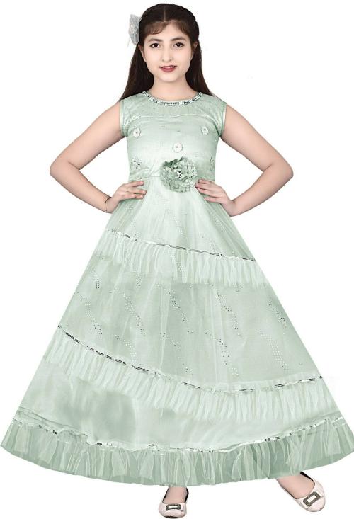 Naarz Fashion Girls Green Solid Net A-Line Gown Dress (13 to 14 Years)