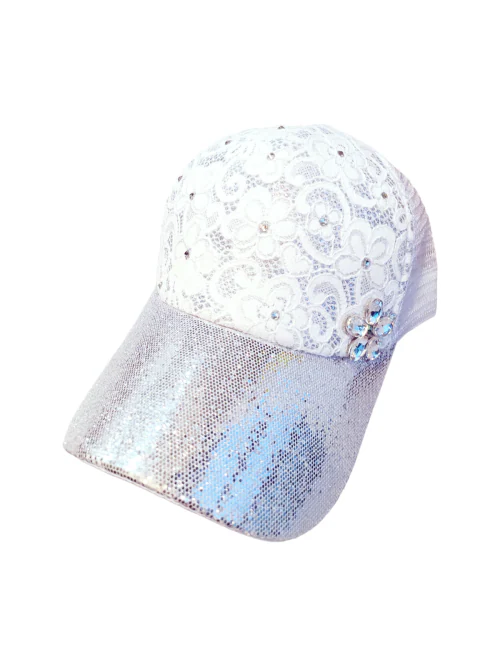 Trubliz Caps For Women | White Lace Fabric Cap Fir Girl | Trendy And Stylish Adjustable Hat For Parties, Trevelling | Gemstone Flower Design Cap | Anti Slip Cap - Free Size