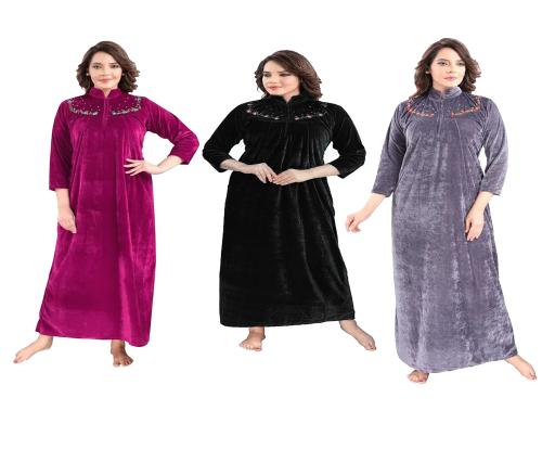 Women's Full Length Solid Velvet Nighty For Winter Wear Nightdress Sleepwear And Lounge Wear Nighty Combo (Pack of 3) (Wine, Black, Grey)