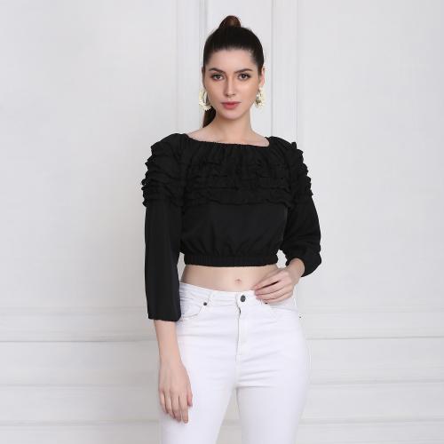 BuyNewTrend Stretchable Crepe Blue Frill Crop Top | top for women | women top | top for women | women top
