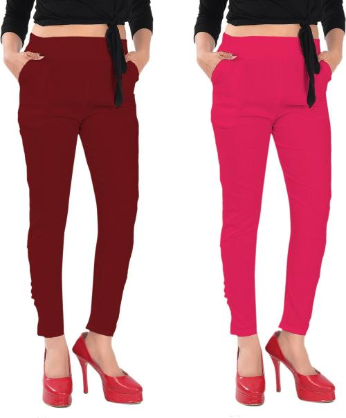Alina Beyond Fashion Women's Multicolor Solid Lycra Blend (Pack of 2) Casual Trousers