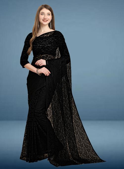 IrisTheStudio Women Black Net Floral Print Bollywood Saree - Rusell