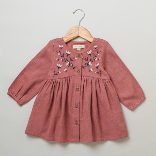 Sweetlime by AS, Cotton Melange Floral Embroidery Dress, Baby girl dress, Winter collection, Frock for Girls, Gathered style Dress.