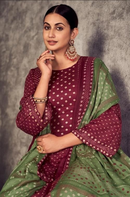 THE JAZZBAAT Women's Unstitchedfoil Jaipuri Print Woolen Woven Pashmina Salwar Suit Dress Material With Pashmina Printed Shawl Dupatta | Free Size Dress Material For Women (Maroon)