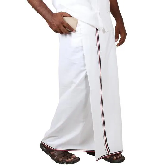 Prakasam coton mens premium quality (Hip Size-30 Inch) White colour Party (ADMK) multi colour Border Readymade dhoti with pocket dhoti