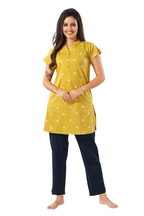 NIGHT VIEW Hoisery Cotton Night Suit for Women/Girls in Solid Half Sleeve Kurti Style with Pajama for Comfortable Sleep,