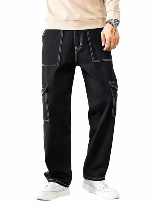 FashionEnsta Present Men's & Boy's Wear Stylish Denim Jeans Black Cargo white stitching Round Pocket