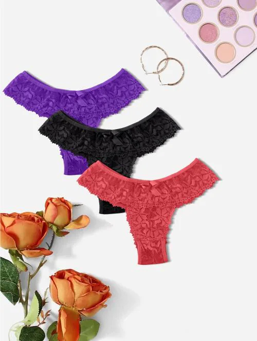 Nisixdec Stylish Net Lingerie Set for Honeymoon G String Thong Sexy Panties for Women-Valentine Gift Panty Intimate Wear Romantic Lingerie Surprise Gift for Your Gf Wife Lover-V Shape Panty-net penti Pack of 3 (Purple,Black,Red)(Size-XL)
