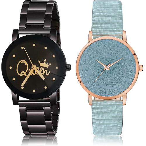 NEUTRON Modern Tread Queen Chain And Embossed Designer Dial Black And Grey Colour Analog Metal And Genuine Leather Belt 2 Watch Combo For Women And Girls - GCPL3-GM330