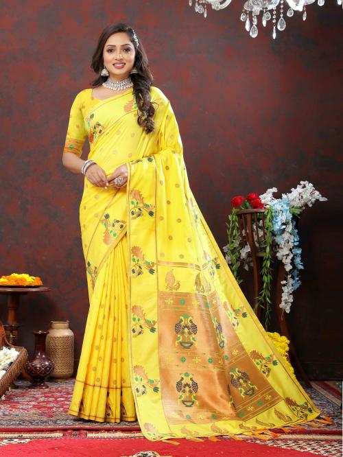PHEASANT Women's Soft Pathani silk saree with Gold zari weaving and Rich Zari weaving Pallu with Meenakari weaving border & Tessels attach at Pallu end YELLOW Color Saree With Blouse Piece