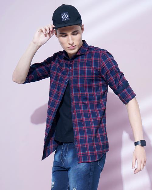 CAMISA Men's Cotton Blend Checks Shirt